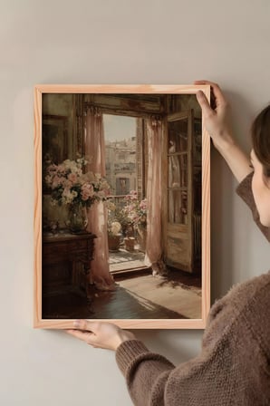Vintage Duvar Tablosu, Açık Balkon ve Çiçekler Ahşap Çerçeveli No: 20082