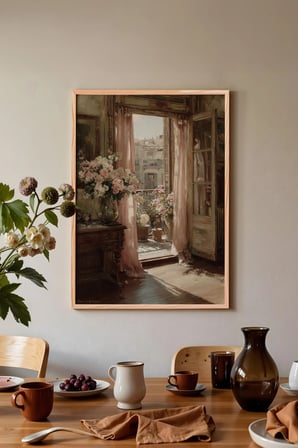 Vintage Duvar Tablosu, Açık Balkon ve Çiçekler Ahşap Çerçeveli No: 20082