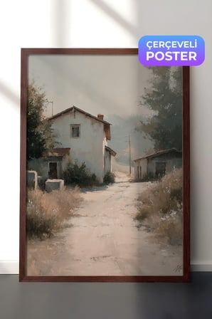 Vintage Duvar Tablosu, Köy Yolu ve Beyaz Ev Kahverengi Çerçeveli No: 20175