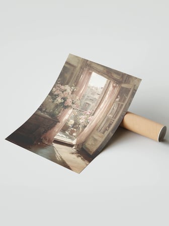 Vintage Duvar Posteri, Açık Balkon ve Çiçekler Poster No: 20082