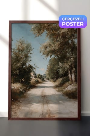 Vintage Duvar Tablosu, Ağaçlı Kır Yolu Kahverengi Çerçeveli No: 20177
