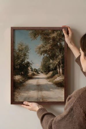 Vintage Duvar Tablosu, Ağaçlı Kır Yolu Kahverengi Çerçeveli No: 20177