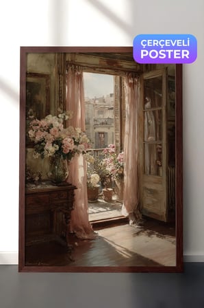 Vintage Duvar Tablosu, Açık Balkon ve Çiçekler Kahverengi Çerçeveli No: 20082