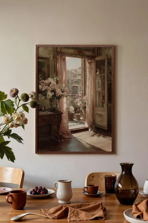 Vintage Duvar Tablosu, Açık Balkon ve Çiçekler Kahverengi Çerçeveli No: 20082