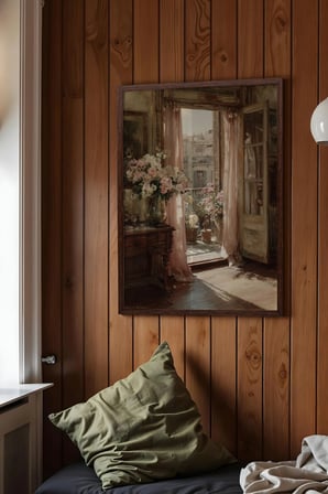 Vintage Duvar Tablosu, Açık Balkon ve Çiçekler Kahverengi Çerçeveli No: 20082