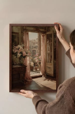 Vintage Duvar Tablosu, Açık Balkon ve Çiçekler Kahverengi Çerçeveli No: 20082
