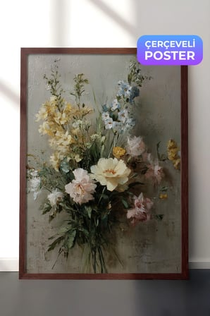 Vintage Duvar Tablosu, Renkli Bahçe Çiçekleri Kahverengi Çerçeveli No: 20190