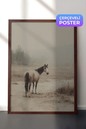 Vintage Duvar Tablosu, Sis İçinde Yalnız At Kahverengi Çerçeveli No: 20202