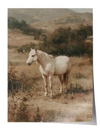 Vintage Duvar Posteri, Dağ Eteğinde Beyaz At Poster No: 20203