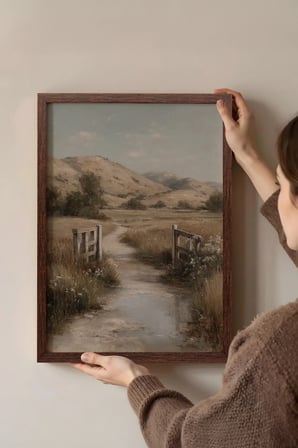 Vintage Duvar Tablosu, Çitli Kır Yolu Görünümü Kahverengi Çerçeveli No: 20085