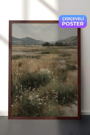 Vintage Duvar Tablosu, Kır Çiçekleri ve Ova Kahverengi Çerçeveli No: 20208