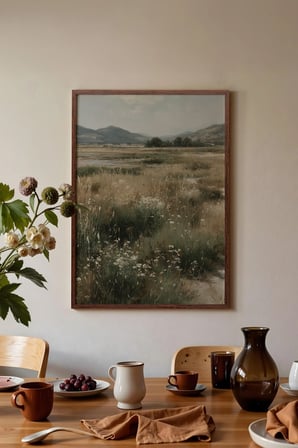 Vintage Duvar Tablosu, Kır Çiçekleri ve Ova Kahverengi Çerçeveli No: 20208