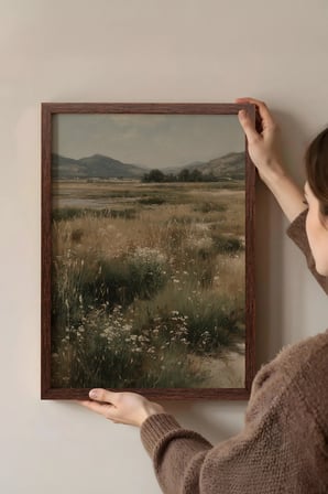 Vintage Duvar Tablosu, Kır Çiçekleri ve Ova Kahverengi Çerçeveli No: 20208