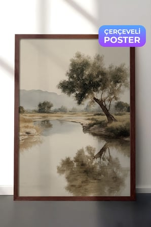 Vintage Duvar Tablosu, Su Kenarında Yalnız Ağaç Kahverengi Çerçeveli No: 20210