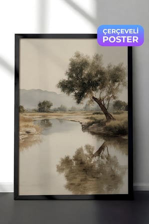 Vintage Duvar Tablosu, Su Kenarinda Yalniz Agac Siyah Cerceveli No: 20210