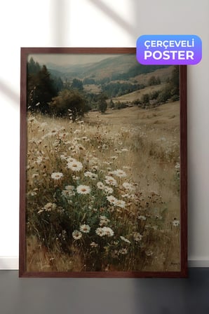 Vintage Duvar Tablosu, Papatyalı Kır Bahçesi Kahverengi Çerçeveli No: 20218