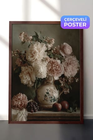 Vintage Duvar Tablosu, Klasik Vazoda Şakayıklar Kahverengi Çerçeveli No: 20230