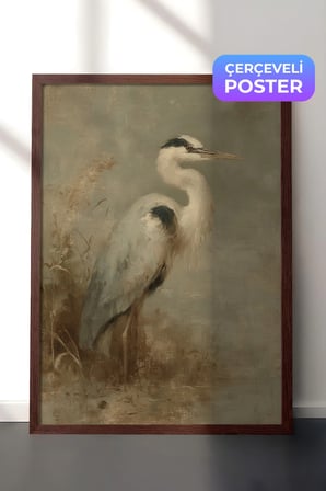 Vintage Duvar Tablosu, Su Kenarında Balıkçıl Kuşu Kahverengi Çerçeveli No: 20232