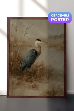 Vintage Duvar Tablosu, Sazlıkta Balıkçıl Kuşu Kahverengi Çerçeveli No: 20235
