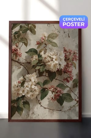 Vintage Duvar Tablosu, Çiçek Açan Bahar Dalları Kahverengi Çerçeveli No: 20236