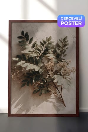 Vintage Duvar Tablosu, Doğal Yaprak ve Çiçekler Kahverengi Çerçeveli No: 20239
