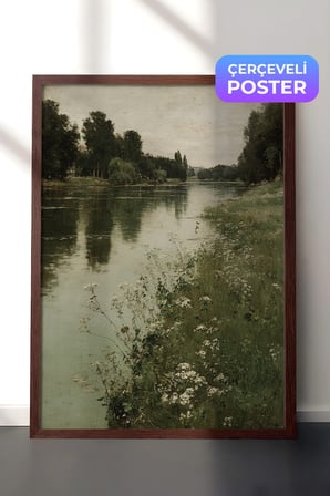 Vintage Duvar Tablosu, Nehir Kenarında Doğa Manzarası Kahverengi Çerçeveli No: 20240