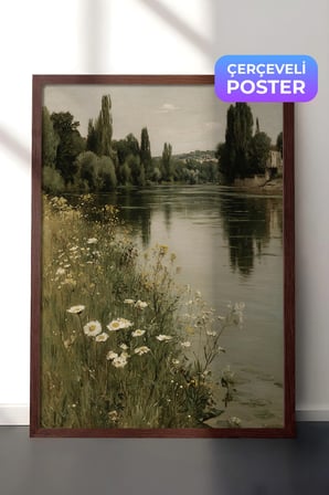 Vintage Duvar Tablosu, Papatyalı Göl Kıyısı Kahverengi Çerçeveli No: 20241