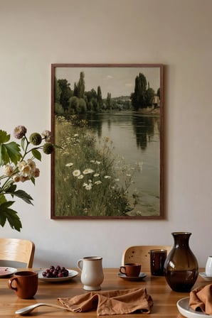 Vintage Duvar Tablosu, Papatyalı Göl Kıyısı Kahverengi Çerçeveli No: 20241