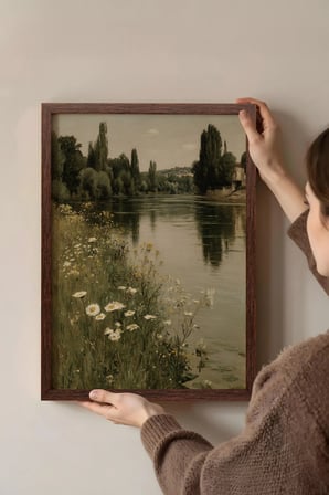 Vintage Duvar Tablosu, Papatyalı Göl Kıyısı Kahverengi Çerçeveli No: 20241