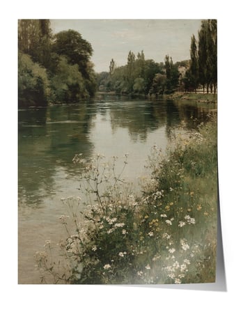 Vintage Duvar Posteri, Yeşil Nehir ve Kır Çiçekleri Poster No: 20242
