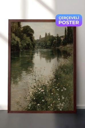 Vintage Duvar Tablosu, Yeşil Nehir ve Kır Çiçekleri Kahverengi Çerçeveli No: 20242