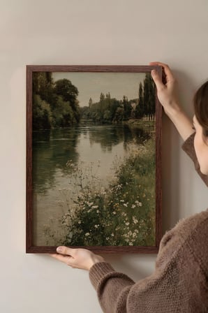 Vintage Duvar Tablosu, Yeşil Nehir ve Kır Çiçekleri Kahverengi Çerçeveli No: 20242