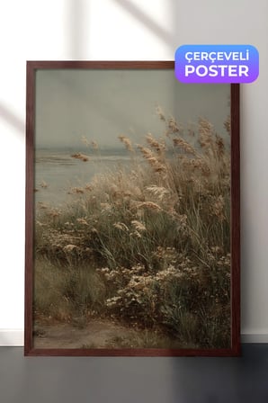 Vintage Duvar Tablosu, Göl Kenarı Sazlık Bitkileri Kahverengi Çerçeveli No: 20092