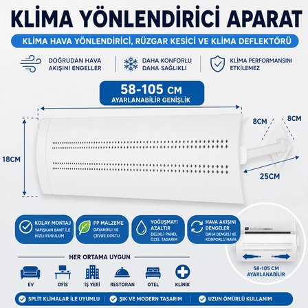 Klima Yönlendirici Aparat 58-105 cm | Ayarlanabilir Klima Hava Yönlendirici ve Rüzgar Kesici