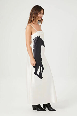 Saten At Grafikli Maxi Slip Elbise Özel Tasarım Siyah Beyaz Kadın RYN-004