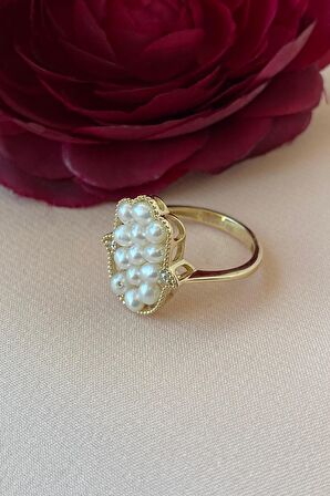 Birinci1926 14 Ayar Altın Fatma Elli İncili Pırlanta Yüzük