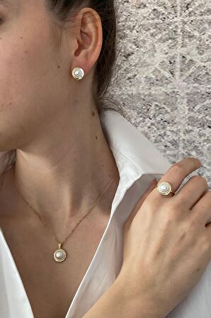 Birinci1926 14 Ayar Altın Tek İnci Yuvarlak Taşlı Yüzük