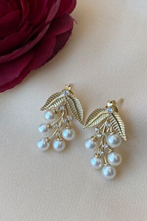 Birinci1926 14 Ayar Altın Kadın Üzüm Gerçek İncili Kadın Küpe Ve Yüzük İkili Set