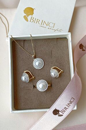 Birinci1926 14 Ayar Altın Tek İnci Taşlı Set