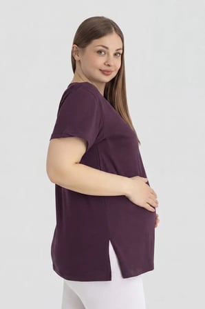 Premium Gebe Tişörtü Günlük Giyim Pamuklu Likralı Mürdüm Kısa Kollu Hamile Tişört