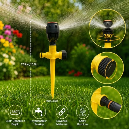 360° Döner Bahçe Sulama Fıskiyesi | Ayarlanabilir Su Akışı | Kazıklı Çim ve Bahçe Sprinkleri | Dayanıklı ABS Otomatik Sulama Başlığı