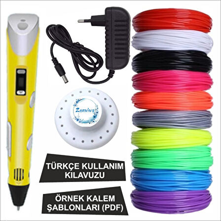 Sarı Renk 3D Kalem + 25 Renk Toplam 25 Metre Pla Filament + Şablon
