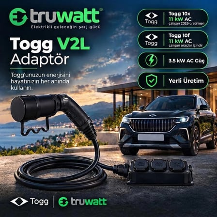 Truwatt V2L Togg T10F Uyumlu 3 Çıkışlı Elektrikli Araç Adaptörü 220V -3 Metre