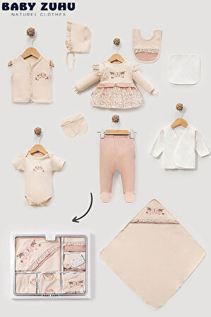 KIZ BEBEK 0-3 AY ORGANİK PAMUKTAN ÇİÇEKLİ KELEBEK NAKIŞLI 10 LU HASTANE ÇIKIŞ ZIBIN SETİ