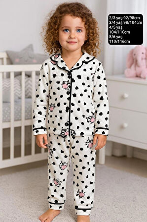 KIZ ÇOCUK SEVİMLİ   DESENLİ DÜĞMELİ  %100 PAMUKLU RENKLİ PİJAMA TAKIMI