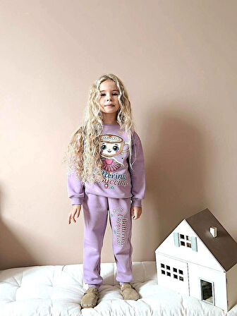 Milays Kız Çocuk 3iplik %100 Pamuk Kalın Penye Renkli Kışlık Eşofman Takımı