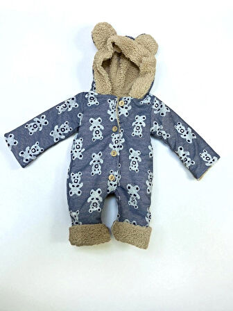  0-3 Ay Erkek Bebek Içi Kuzu Astarlı Dışı Jakarlı Desen  Nakışlı Düğmeli  Kapşonlu Tulum
