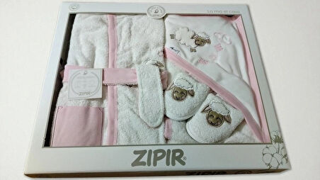 SEVİMLİ KUZU NAKIŞLI  BORNOZ SETİ %100 PAMUKTAN. 4 PARÇA 0-3 YAŞ