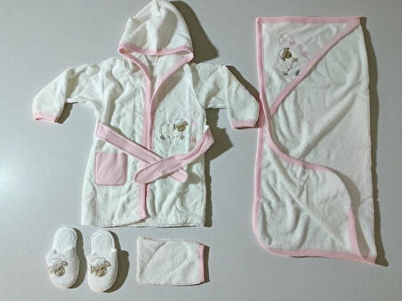 SEVİMLİ KUZU NAKIŞLI  BORNOZ SETİ %100 PAMUKTAN. 4 PARÇA 0-3 YAŞ