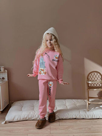 Kız Çocuk 3iplik %100 Pamuk Kalın Penye Renkli Kışlık Eşofman Takımı